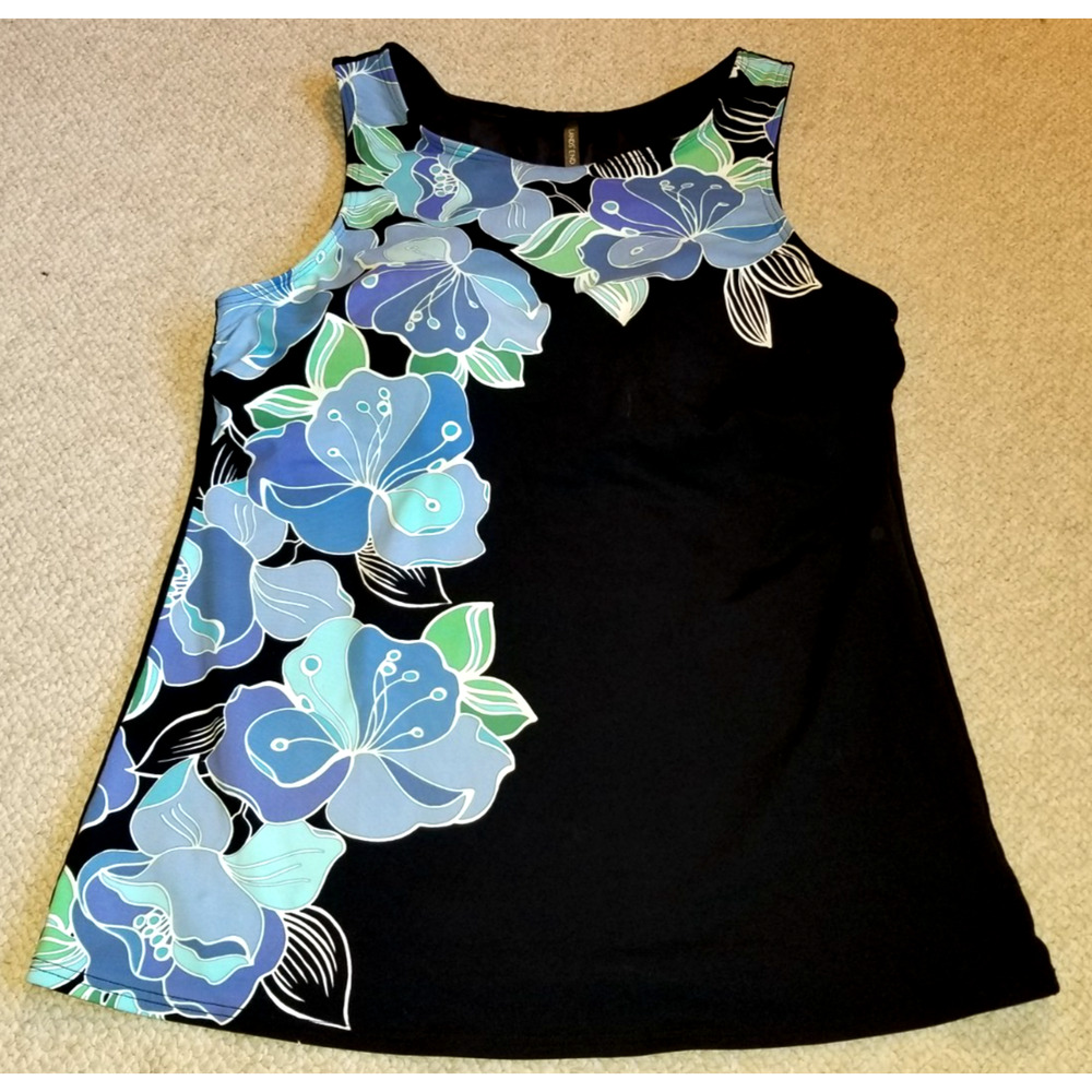 Womens Swim Suit-LANDS' END-black/blue high neck padded tankini top-12 Long
